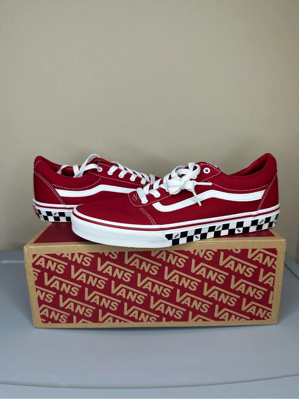 Vans Kids' Red Canvas Old Skool Sneakers with Checkerboard Accent